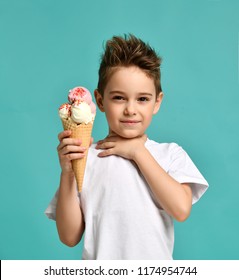 Baby Boy Kid Hold Strawberry Vanilla Ice Cream In Waffles Cone Hold Hand Near Neck  Sore Throat On Blue Mint Background With Free Text Copy Space