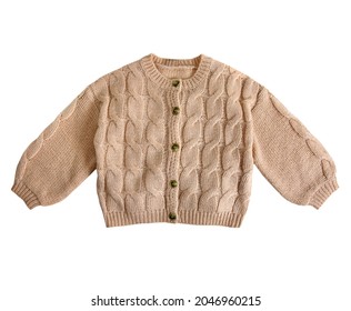 Baby boy knitted cardigan, child's brown knitted sweater isolated. Knitwear.