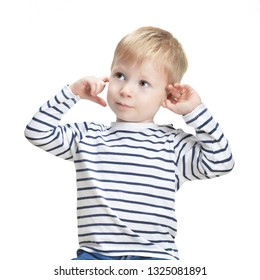 Baby Boy Plugging His Ears. Isolated On White