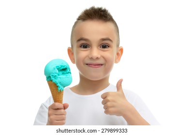 Baby Boy Ready For Eating Blue Ice Cream In Waffles Cone Showing Thumb Up Isolated On A White Background