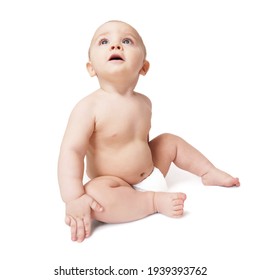 Baby Boy Sitting And Looking Up. Toddler Boy Wearing Diaper Isolated On White Background. 