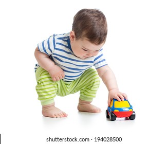 Baby Boy Toddler Playing With Toy Car