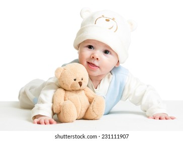 Baby Boy Weared Funny Hat With Bear Plush Toy