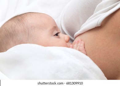 Baby breastfeeding. Baby drinking breast milk.