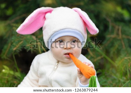 Baby in bunny costume nibbling toy carrot.