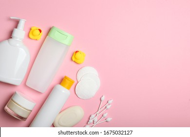 Baby Care Products On A Colored Background Top View. Daily Baby Care Products For Skin Care, For Bathing. Hygiene Of The Newborn.
