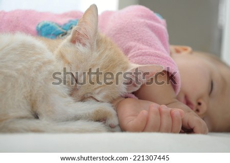Baby and cat sleeping together, cute childhood friendship
