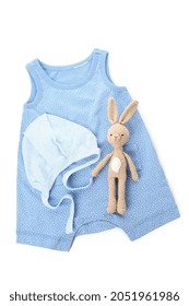 Baby Clothes And Toy Rabbit Isolated On White Background.