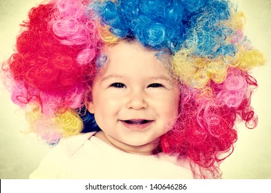 Baby With Clown Wig In Vintage Technique