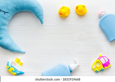 Baby Cosmetic Items With Ducks Rubber Toy, From Above