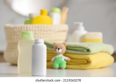 Baby Cosmetic Products On White Table, Space For Text