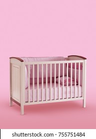 Baby Cot, Bed Isolated Under The Pink Background