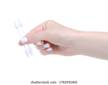 Baby Cotton Swabs In Hand On White Background Isolation