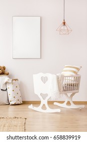 Baby Cradle And Mockup Poster Frame In Scandinavian Interior