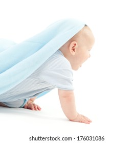A Baby Crawling With A Blue Blanket Over The Head.
