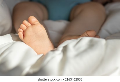 Baby Cute Little Feet Out Of Crib,toddler Bed,through Wooden Bars Or On White Blanket,bedroom.morning Sun.maternity,motherhood Concept.adorable Infant Feet. Childcare.