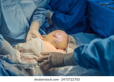 A baby is delivered in an intact amniotic sac during a caesarean section. The medical team carefully performs the procedure, highlighting the precision and care involved in this unique birth scenario - Powered by Shutterstock