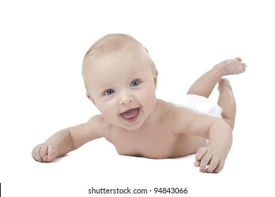 Baby In Diapers Laying Down Isolated On White