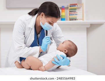 Baby, doctor and fever for thermometer in hospital, bed and lungs for healthcare for newborn. Pediatrician, clinic and examination for boy, Tuberculosis or female physician person for medical help - Powered by Shutterstock