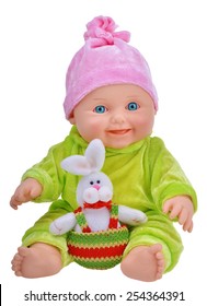 Baby Doll With Easter Rabbit Isolated On White Background