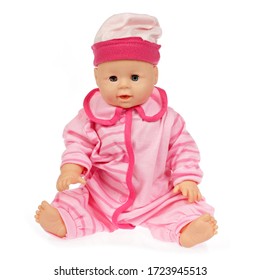 
Baby Doll Wearing Pink Romper On White Studio Isolated Background