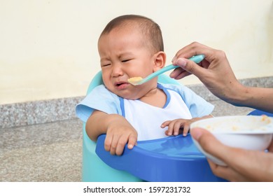 Baby Don't Want To Have Food, Mother Feeding Baby Food