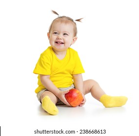 Baby Eating Apple Sitting Isolated