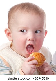 baby eating cake - Isolated on white background