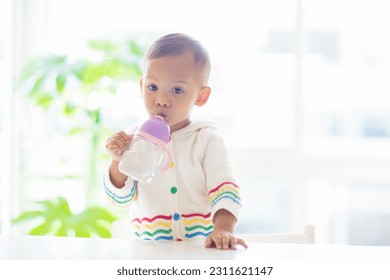 Baby eating and drinking in high chair. Asian baby boy with water bottle at lunch. Infant weaning and introducing solid foods. Kid in white kitchen. Healthy nutrition for little child. Kids drink. - Shutterstock ID 2311621147