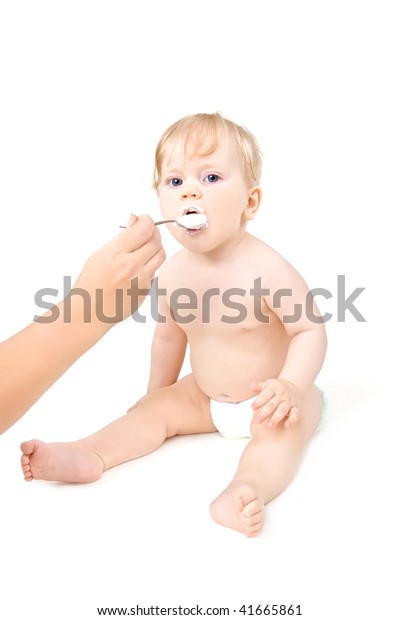 Baby Eats Cottage Cheese Yogurt Isolated Stock Photo Edit Now