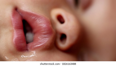 Baby Face Asleep, Macro Close-up Of Sleeping Infant Lips Drooling Napping