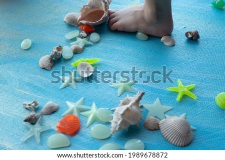 baby feet on Seashells summer background. Many different seashells, starfish on a background of blue shimmering strokes. Creative flat lay banner, workspace composition with seashell and pebbles, copy