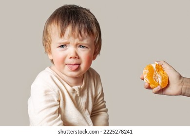 a baby with a food allergy doesn't want to eat an orange, winces, the child is offered an orange - Shutterstock ID 2225278241