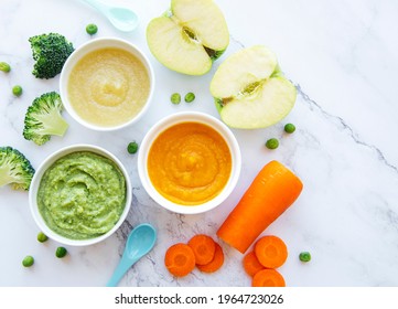 Baby Food, Assortment Of Fruit And Vegetable Puree, Flat Lay, Top View