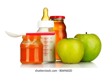 Baby Food And Fruit Isolated On White