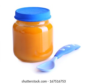 Baby Food In Glass Jar, Isolated On White 