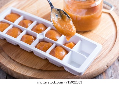 Baby Food Homemade In Ice Cubes Tray Ready To Be Frozen