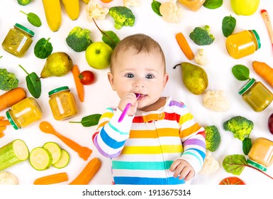 Baby Food Puree With Vegetables And Fruits. Selective Focus. Nutrition.