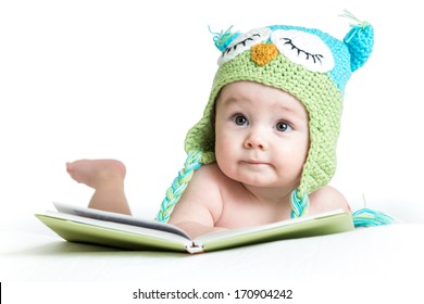 Baby In Funny Owl Knitted  Hat Owl With Book  On White Background