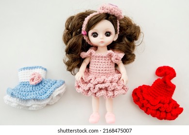 Baby Girl Cute Doll With Colorful Hand Crocheted Knitting Dress.