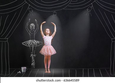 Baby Girl Dreaming A Dancing Ballet On The Stage. Childhood Concept.