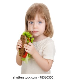 Baby Girl Eating Sandwich. Isolated On White Background