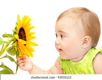 Baby Girl Exploring Flower, Elementary Study Of Nature, Cute Kid Playing With Plant, Small Curious Child Holding Sunflower In Hand, Personal Growth Concept