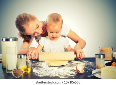 Baby Girl With Her Mother Rolled Out The Dough Cook, Bake