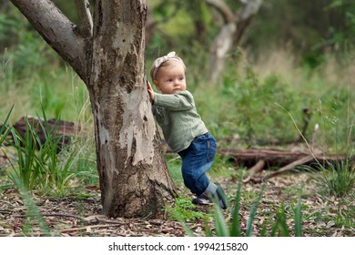 Baby girl learning to stand up playing outside in nature in Australian bushland. Cute baby leaning against gumtree wearing green top and beige headband. - Shutterstock ID 1994215820