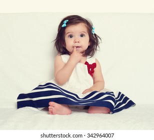 Baby Girl Portrait, Sit On White Towel