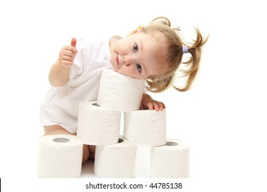 Baby Girl With Toilet Paper Isolated On White