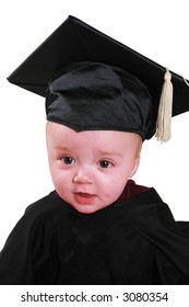 A Baby In A Graduation Outfit.  A Black Cap And Gown.