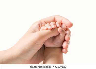 Baby Hand Holding Finger Mom On Isolated Background. (Selected Focus)