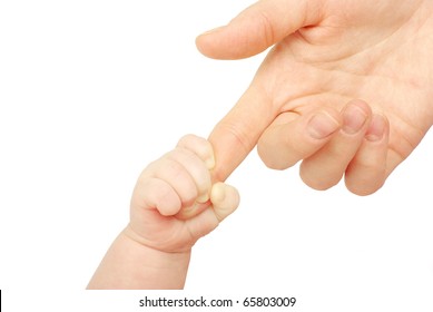 Baby Hand Holding Mother Finger Isolated On White